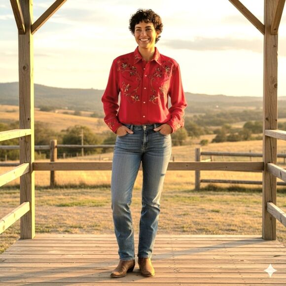 ABS California Red Colorful Embroidery Pearl Snap Buttons Western Rodeo Blouse - Picture 15 of 15